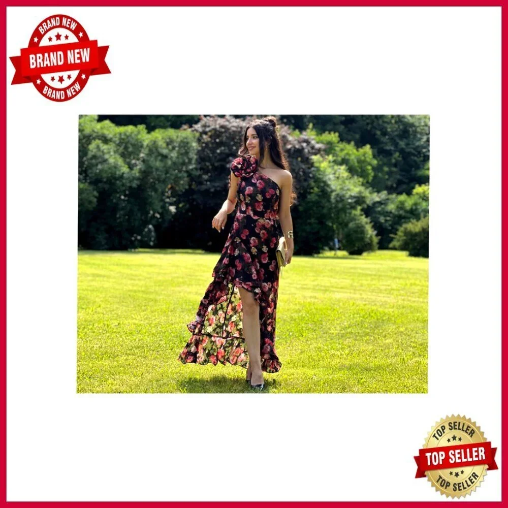One Shoulder Floral Maxi Dress Ruffle High Low Formal Wedding Guest Elegant